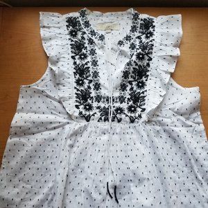 Embroidered Floral Dot Ruffle Shell